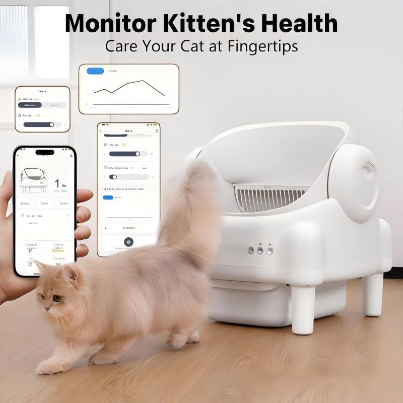 ECORUI Self-Cleaning Cat Litter Box Open Top Automatic with App Control for Multiple Cats Safety Sensors Odor Control Cream White Large Waste Bin Includes 2 Liners
