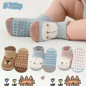 3-pack children's cartoon animal pattern socks, boys' non-slip socks, toddler trampoline socks, polyester-spandex blend knit structure, moisture-wicking with non-slip soles, infant socks, girls' socks, toddler socks