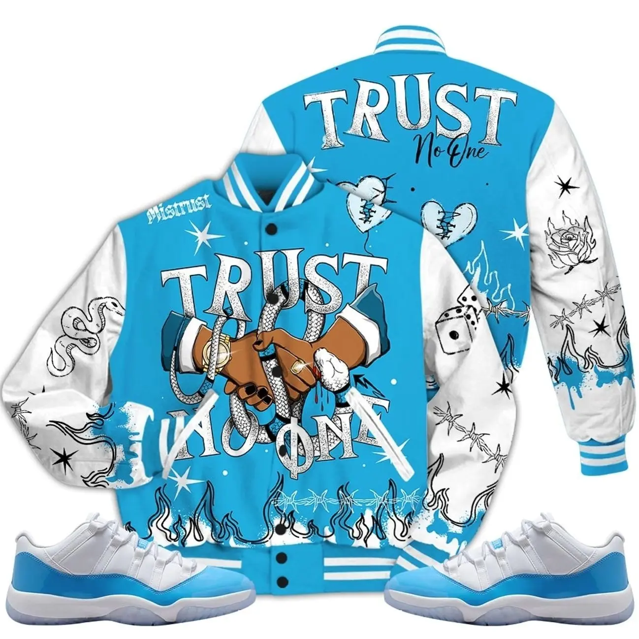 11 Low University Blue Varsity Jacket, Low University Blue 11s Outfits, Tattoo Trust No One Unisex T-Shirts To Matching Sneakers