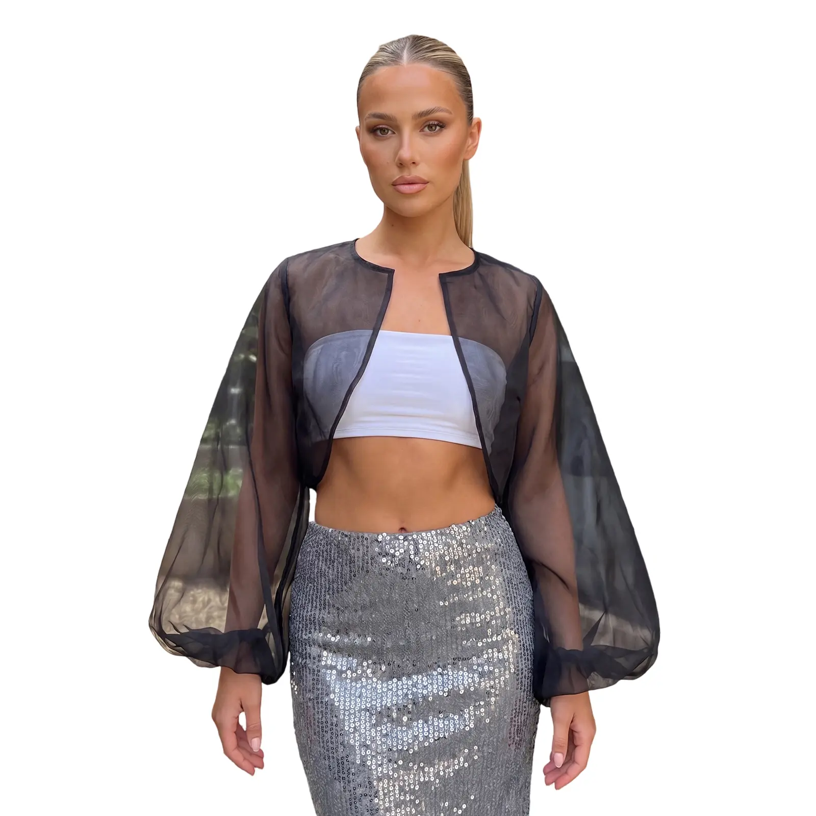 Women's Lightweight Cropped Bolero Cardigan Tops - Stylish Sheer Solid Open Front, Balloon Long Sleeves, longsleeves Design, Elastane, Polyester Blend, Balloon Sleeves, Cropped Length, Standard Sizes, Casual, Plain, Chic