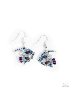 Fancy Free Fish - Purple Oval and Emerald-cut Gems, Aquamarine Iridescent, Aquamarine and Amethyst Rhinestones and a Blue Zircon Rhinestone Eye Fish Hook Earrings