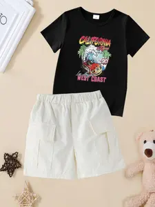 Toddler Boy's Car Print Short Sleeve Tee & Pocket Cargo Shorts Two-Piece Set, Casual Round Neck T-shirt & Shorts for Summer, Kids Clothes for Daily Wear