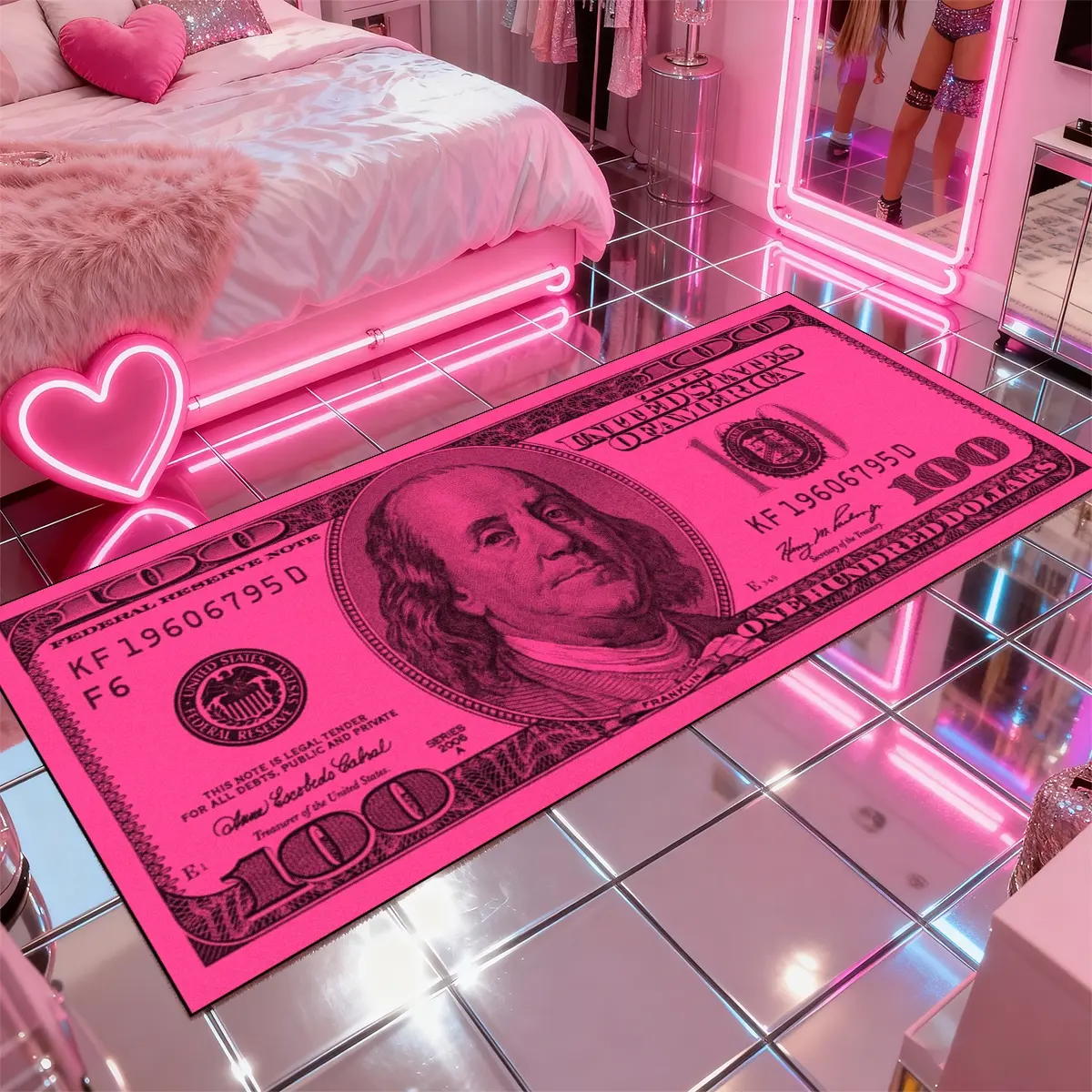 Y2K style Dollar Rug, 1 Count long rug, Y2K Aesthetic pink dollar pattern design, Machine washable, soft comfortable non-slip floor mat, Indoor Area Rugs, Decorative Rug, suitable for hallway, bedroom, living room, Y2K home decor rug