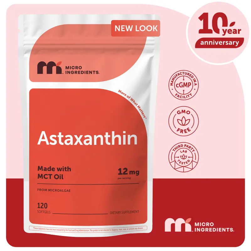 Micro Ingredients Astaxanthin 12mg, 120 softgels | 4 monthly Supply, Natural Tanning, Fresh Microalgae Source, Easy to Swallow