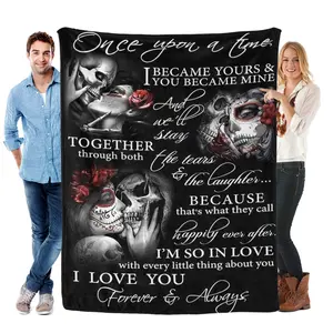 Skull & Sugar Skull Romantic Quote Flannel Blanket Soft Cozy Gift Throw with Edgy Loving Message Design Perfect for Gifting to Your Partner Snuggling Warmly or Adding Bold Devoted Charm to Any Space