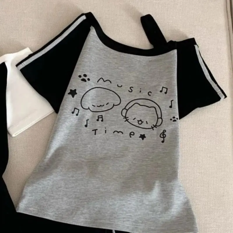 Kawaii Cartoon Printing T-shirt Women Cute Tees Skew Collar Tops Harajuku Casual Loose Y2k 2025 Summer Aesthetic Tops