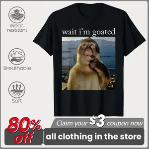 Funny Viral Wait I'm Goated Monkey Meme Graphic T-Shirt, Cool Thinking Chimpanzee Photo Print Casual Short Sleeve Cotton Tee, Gen Z Slang Humor Aesthetic Apparel, Stylish Daily Casual Street Wear Top For Young People Outfit,summervibes
