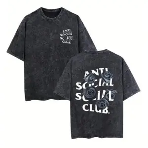 Retro Stone Wash Black Rose & Quote Graphic T-Shirt, Unisex Streetwear Casual Short Sleeve, "Anti Social Club" Print for Everyday & Outdoor Wear