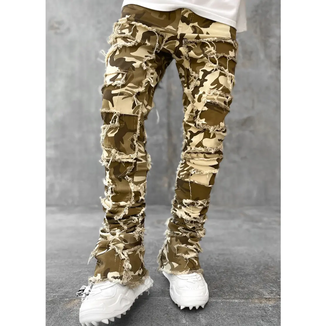 Men's Individual Patched Pants Long Tight Fit Stacked Jeans for Mens Clothing Cotton Plain Mid Waist Rock Style All Seasons Khaki Beige