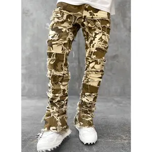Men's Individual Patched Pants Long Tight Fit Stacked Jeans for Mens Clothing Cotton Plain Mid Waist Rock Style All Seasons Khaki Beige
