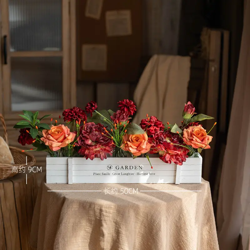 Orange Rose Peony 50cm White Wood Fence