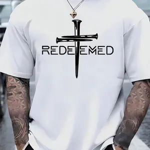Cross and "Redeemed" Text Print Men's Graphic T-Shirt Street Printed Tee Soft and Comfortable Crew Neck 100% Cotton Short Sleeve Ideal for Casual Wear Menswear Top Apparel Personalized
