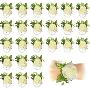 24 Pcs 24 Pcs Wedding Rose Wrist Corsage Wristlet Band for Bridal Bridesmaid Women Flowers Bracelets Decor Wedding Artificial Flowers for Party Prom Homecoming (White)
