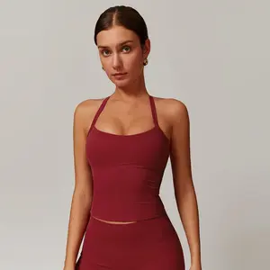 MASKERT Women's Solid Color Backless High Stretch Two-piece Set, Spaghetti Strap Crop Cami Top & High Waist Skinny Shorts, Breathable Sportswear for Yoga Gym Workout Indoor Outdoor