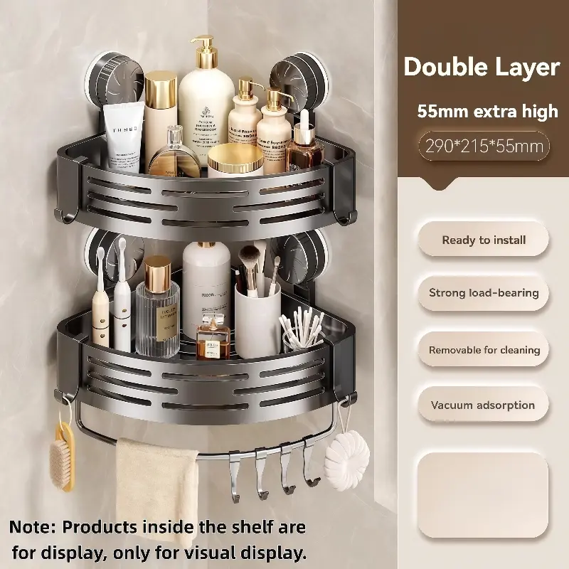 3-PCS ABS Triangular Cubby Shelf, No-Drill Suction Cup Bathroom Shelf with Hooks, Removable Installation, Durable Tile Wall Shower Caddy, Space-Saving Multi-Functional Home Accessory