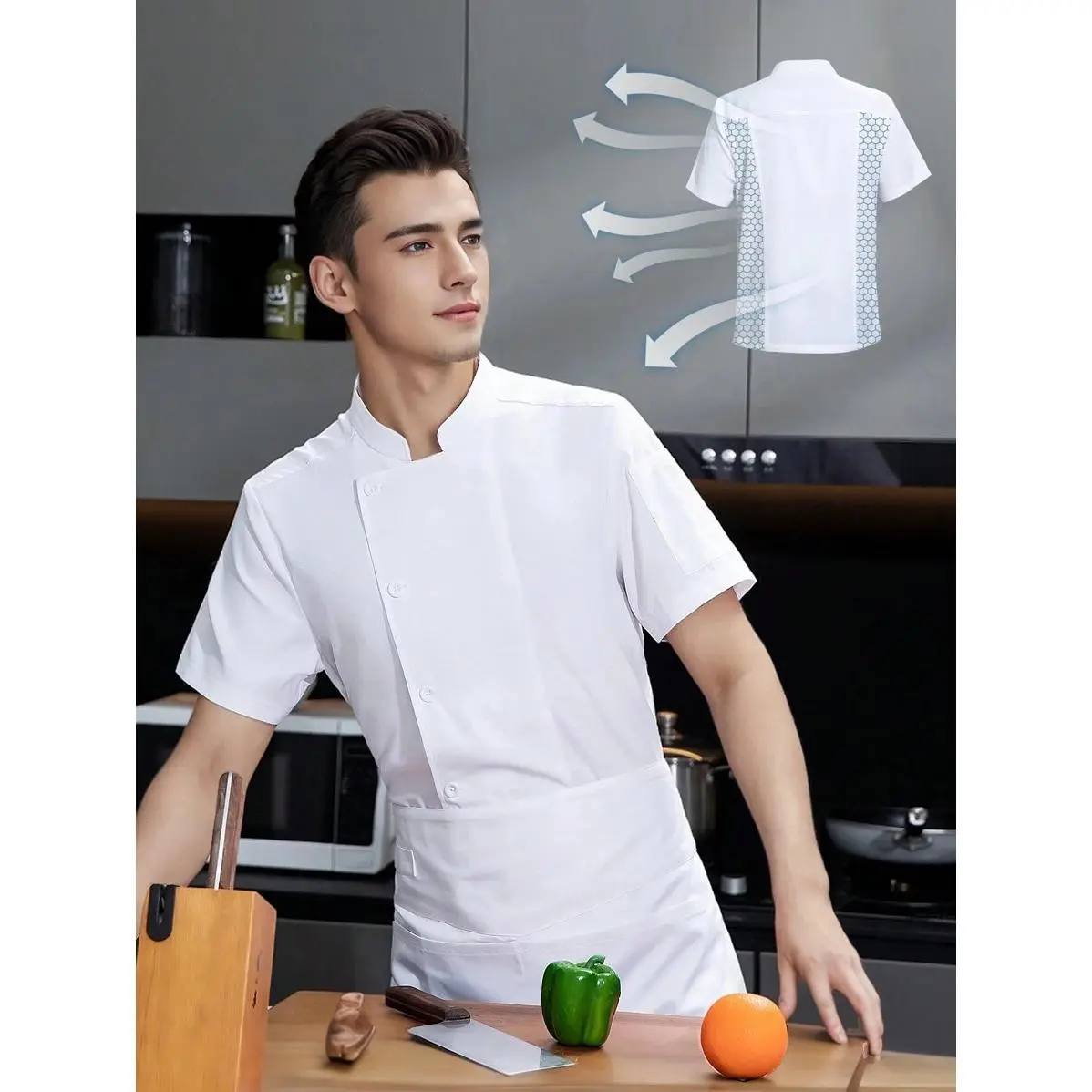 Men's Casual Short-Sleeve Chef Workwear Shirt - Breathable Polyester, Regular Fit, Pocket, Back Mesh, Moisture-Wicking Hemmed Uniform for Restaurant Kitchen, Small Size Menswear