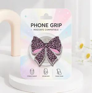 Leopard Bow MagSafe Phone Grip, Aesthetic Animal Print Phone Holder, Girly Magnetic Acrylic Pop Socket, Stylish Coquette Phone Accessory, Cute Bow Gift