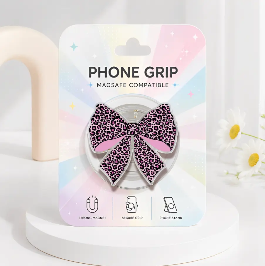 Leopard Bow MagSafe Phone Grip, Aesthetic Animal Print Phone Holder, Girly Magnetic Acrylic Pop Socket, Stylish Coquette Phone Accessory, Cute Bow Gift