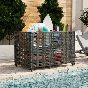 Pool Float Storage Bin, Outdoor Rattan Poolside Organizer with Rolling Mesh Basket for Noodles, Floats, Balls, and Toys