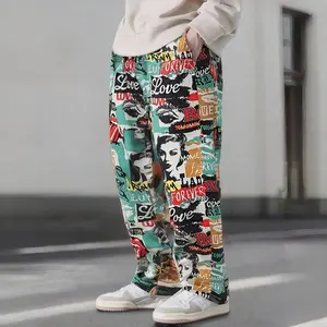 Retro letters portrait graffiti wide-leg pants men's loose drape high street pants contrast trend casual pants