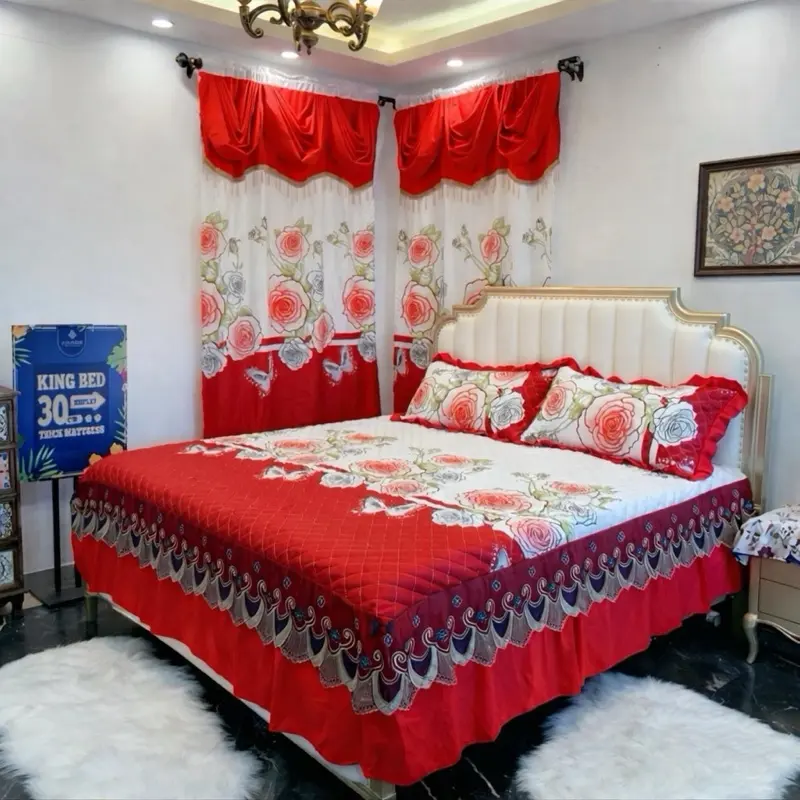 Luxury Red Floral Bedding Set – Elegant Rose Design Bedspread (King)
