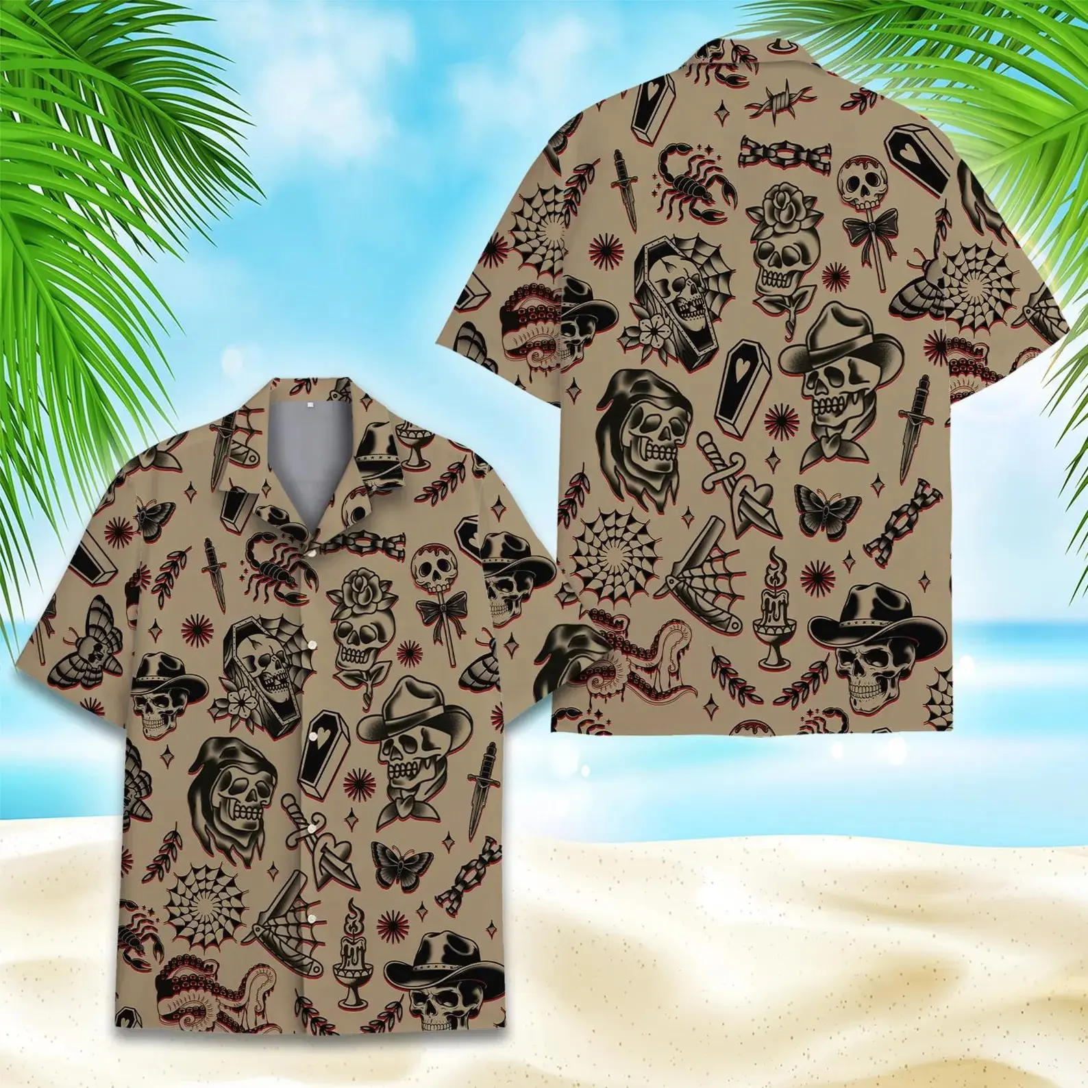 Vintage Skull Tattoo Hawaiian Shirt for Men Women Youth, Retro Skeleton Cowboy Button Down Shirt, Gothic Tattoo Lover Shirt