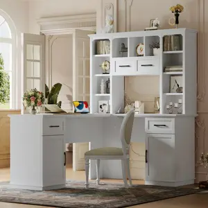 Bellemave L-Shaped Computer Desk with 2 Cabinets 2 Drawers 11 Open Shelves Electrical Outlet for Study Living Room Office White
