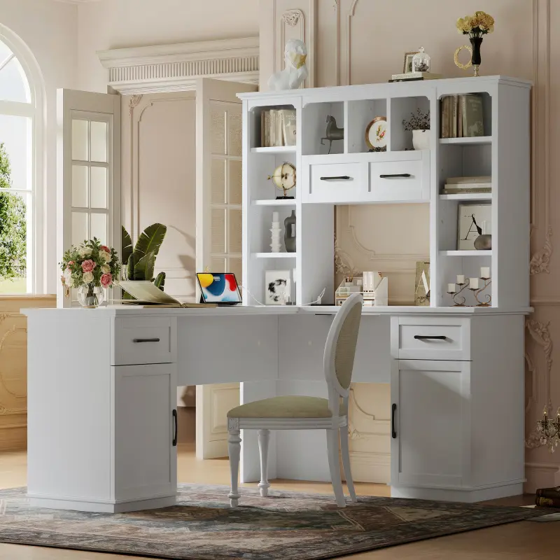 Bellemave L-Shaped Office Computer Desk with MDF Board, 2 Storage Cabinets (Cabinet Storage Organizer), 2 Drawers, 11 Open Shelves, Electrical Outlet, Commercial Office Furniture for Study Spaces, Storage Cabinet