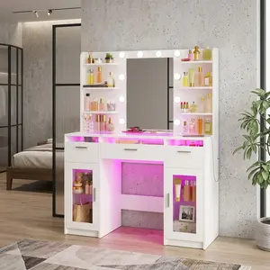 White LED RGB Makeup Vanity Desk, 3 Color Lighted Mirror, USB Powered Light Strip, Transparent Tabletop, 2 Drawers 6 Shelves & Large Tempered Cabinet with Power Outlet, Modern Dressing Table, Ideal Christmas Gift for Bedroom