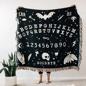 Ouija Board Woven Blanket: Spirit Board Throw, Halloween Goth Occult, Spooky Creepy Decor, Witch Decor, Skull Bats Black