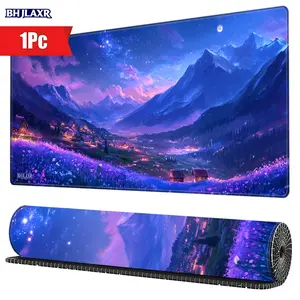 Vibrant Dreamlike Night Snow Mountain Village Purple Blue Wildflowers Gaming Mouse Pad with Stitched Edges Non - Slip Rubber Base for Office/Computer/Desk, 15.7x35.4inch, Perfect Gift for Gaming & Home Lovers