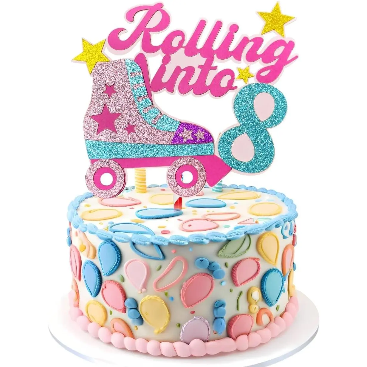 Rolling into 8 Theme Cake Toppers Happy 8th Birthday Cake Topper 8th Birthday Decorations for Girls Roller Skate Birthday Party Cake Topper