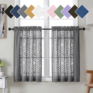 Grey Sheer Kitchen Curtains 36 Inch Length Tier Curtains 2 Panels, Light Filtering Geometric Jacquard Clip Textured Semi Sheer Curtains Short Window Curtains for Bathroom, 42x36 inch
