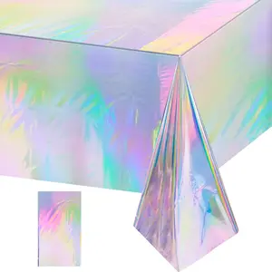 1 Pack 54x108in Large Size Laser Iridescent Tablecloth - Shiny Waterproof Holographic PE Table Cover, Sparkly Rectangular Party Decoration for Birthdays, Weddings & Christmas