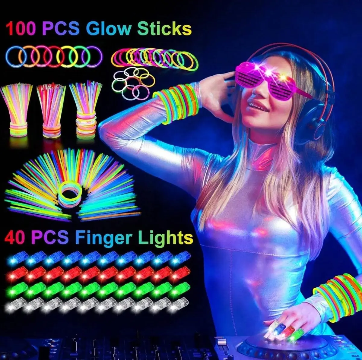 Glowing Party Supplies Set (165-Piece) - 15 LED Glasses, 50 Finger Lights, 100 Liquid Glow Sticks for Weddings, Concerts, Halloween Decorations