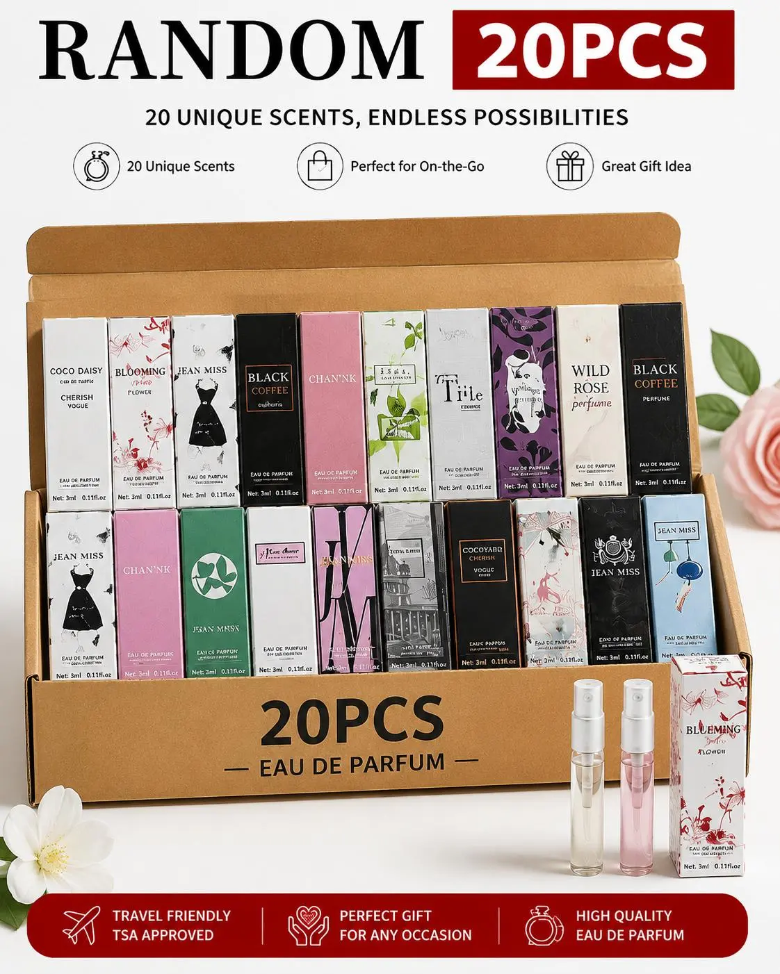 Sohochic 20 PCS Random Pack Mini Perfume Gift Sets, Assorted Scents Travel-Size Fragrance Vials (Floral, Fruity, Woody, Musk) for Perfume Lovers, Portable Daily Scent Set
