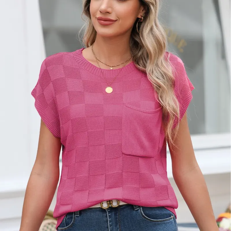 Shewin Women's Knitted Top - Soft Viscose Breathable, Round Neck, Drop Shoulder Batwing Short Sleeve, Chest Patch Pocket, Medium Length Loose Fit, Casual Solid Plaid, Hand Wash Only, Tops for Women for Summer Daily Wear