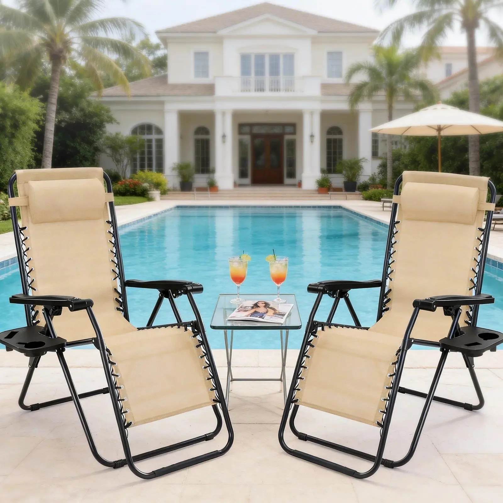 Portable Zero Gravity Adjustable Reclining Lounge Chairs (Set of 2) - Outdoor Garden Foldable Beach Heavy Duty Dual-Seater Sunloungers with Cup Holder Trays, Adjustable Pillow, Lounge Chair, Adjustable Reclining Chair Sunloungers