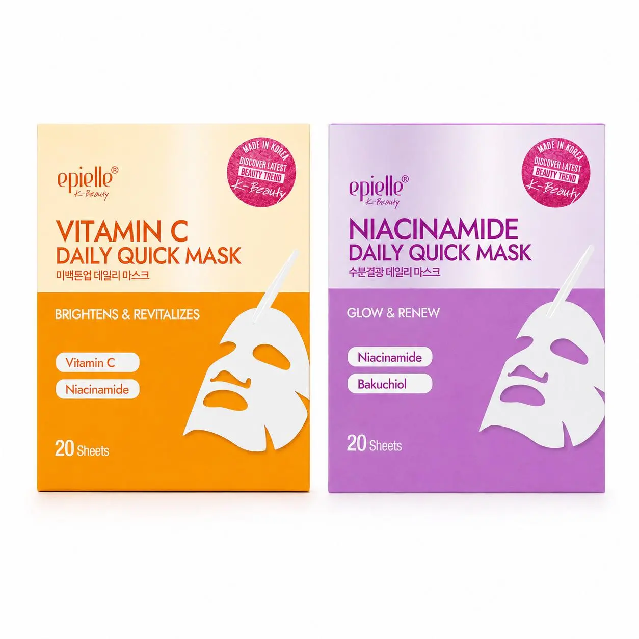 Epielle Daily Quick Pre-Moistened Facial Sheet Mask, 20 Sheets - Niacinamide, Vitamin C, Hydrates, Brightens - Suitable for All Skin Types
