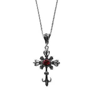Red Zircon Cross-shape Temperament Necklace Trend Light Luxury Women Sweater Chain Female Hip-hop Non-fading Jewelry