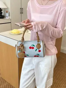 Elegant Cherry Pattern Cylindrical Bag, Cherry Embroidered Crossbody Pillow Bag, Women's Fashion Handbag, Leather Texture Shoulder Bag, Fashionable Casual Bag, Heart Bag
