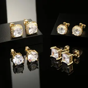 Two Pairs Of Square/Round Earrings for  Women, Large And Dazzling Imitation Diamond Earrings for Men Women, Allergy-Free And Fashionable Gold-Plated Silvery Earrings Set for Couples