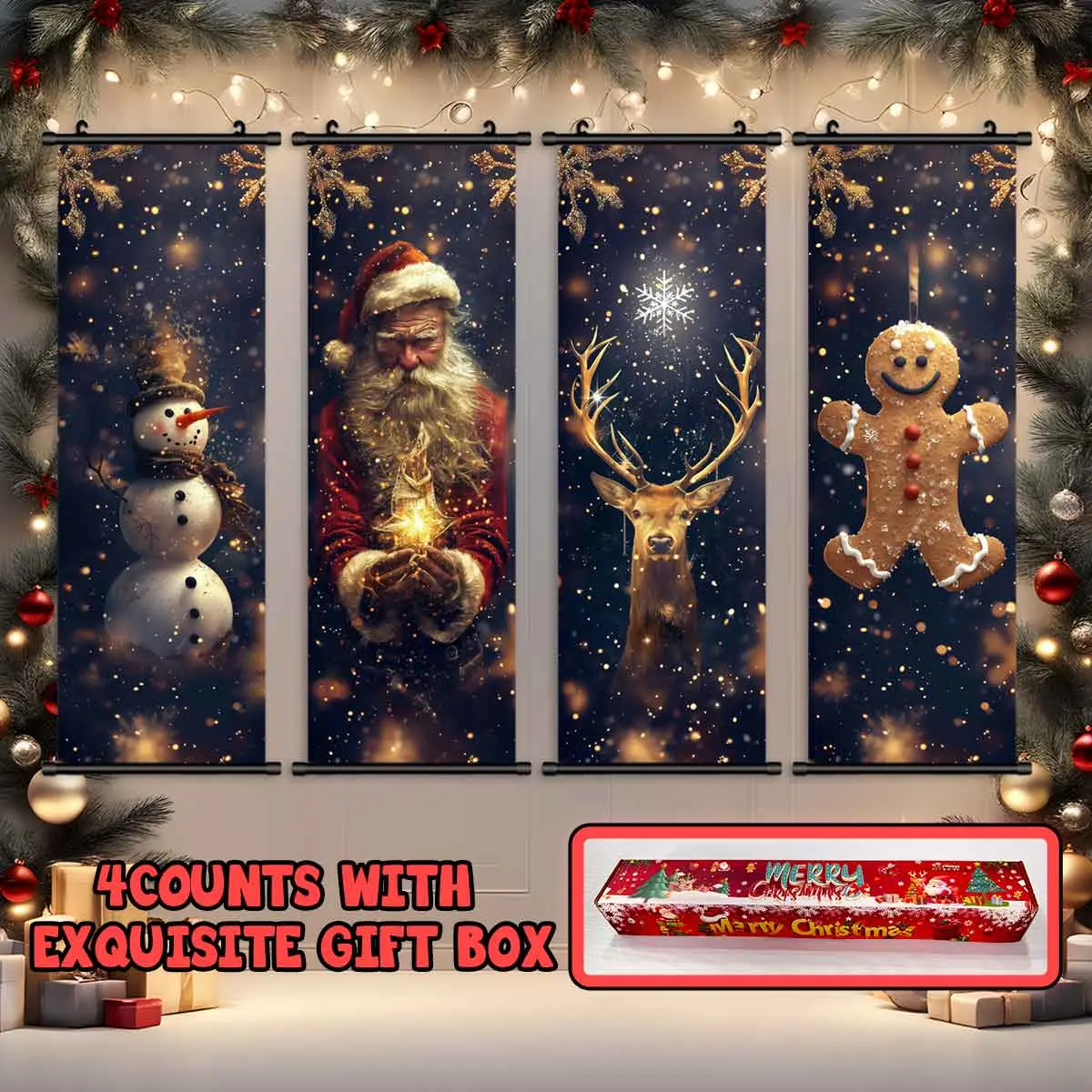 4-Piece Christmas Wall Art Set, Dreamy Starry Sky Background Posters, Modern Home Decor, Waterproof HD Prints, Gift Box Included