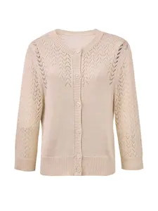 Women's Lightweight Apricot Cardigan Sweater, 3/4 Sleeve Round Neck Button Down Pointelle Knit Summer Sweater Jacket