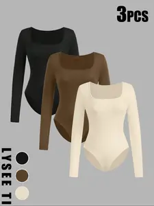 3pcs square neck long sleeved slim fit jumpsuit set Bodysuit, made of comfortable material, slim fit and eye-catching, suitable for commuting or leisure, easily creating a variety of fashionable styles