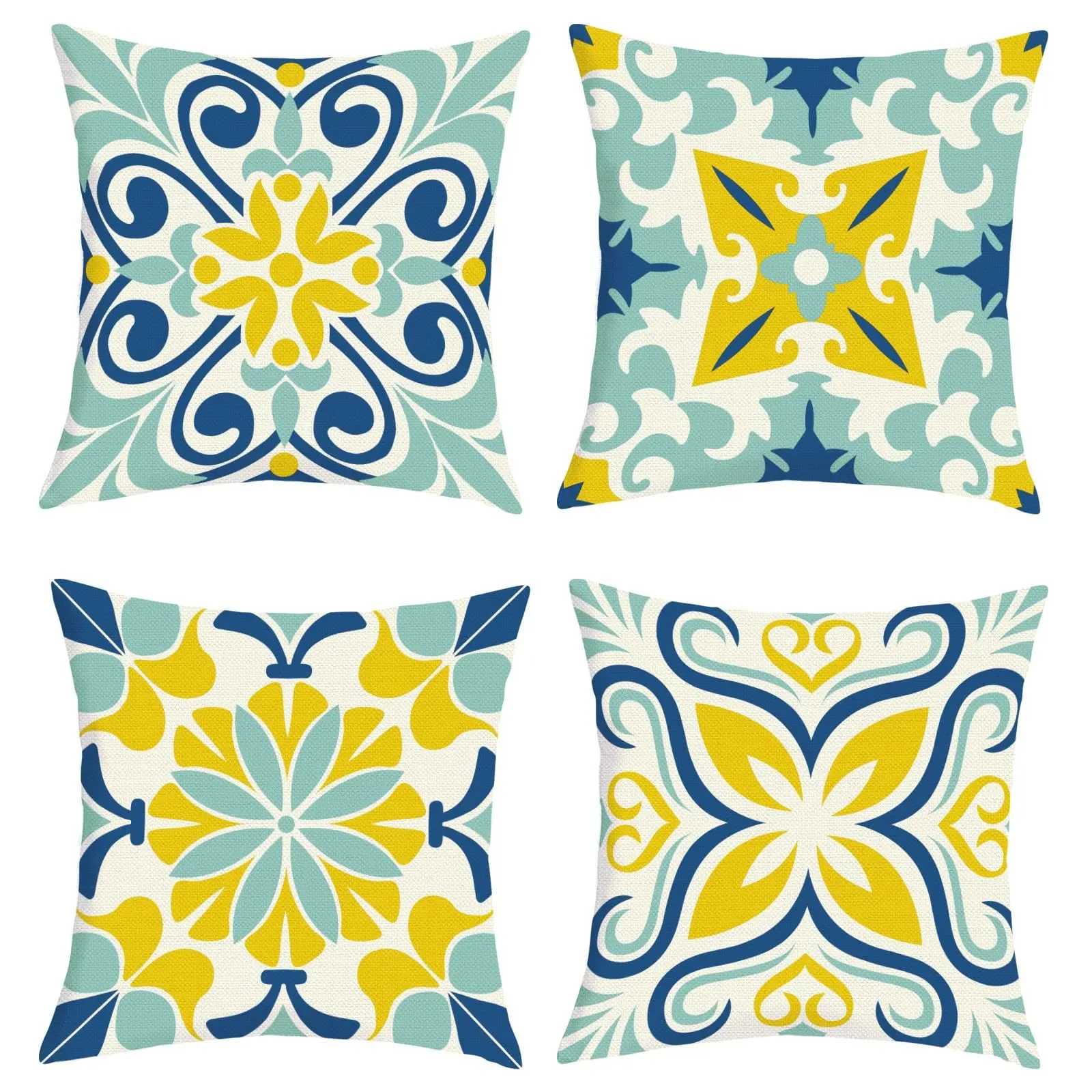 Bohemian Mandala Flower Pillow Covers Set of 4, 18x18 Inch Vintage Mediterranean Moroccan Geometric Floral Cushion Cases for Home Decor