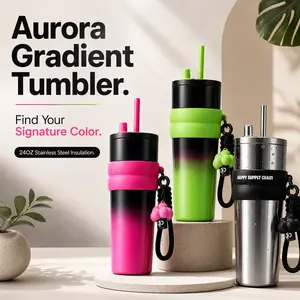 24 oz Stainless Steel Vacuum Insulated Iced Coffee Tumbler - Leakproof Portable Sports Drinkware, Eye-Catching Gradient Aurora Effect Pink Single Cup, Summer Vibe Birthday Gift