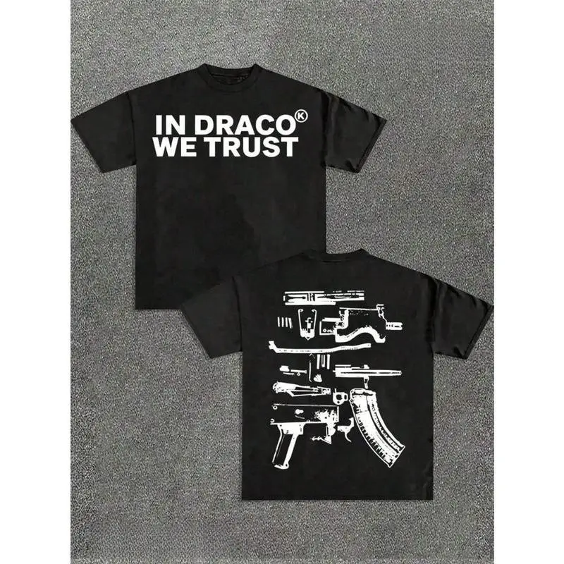Unisex 100% Soft Cotton Crew Neck Short Sleeve Trust In Draco Double Sided Firearm Graphic Tee Loose Fit Classic Casual Versatile Streetwear Essential Inspirational Mens Daily Fashion Top