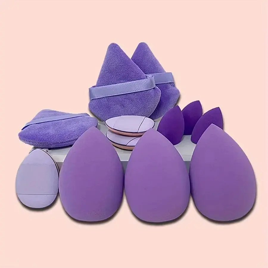 Purple Large Flocked Surface Powder Puff & Small Smoothing Makeup Blender Set (12-Piece) - Versatile for Wet & Dry Powder Application, Ideal for Daily Makeup Routine, Multi-Pack Beauty Tool, 12 Pieces, Smooth Finish