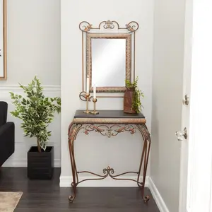 Set of 2 Leaf Bronze Metal Living Room Console Table with Mirror with Scrolled Legs